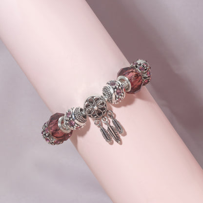 Rose Red Rhinestone Big Hole Beaded Bracelet, Alloy Electroplated(17cm) - Image 4