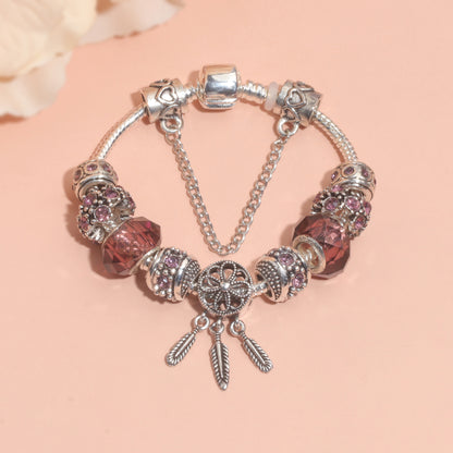 Rose Red Rhinestone Big Hole Beaded Bracelet, Alloy Electroplated(17cm) - Image 5