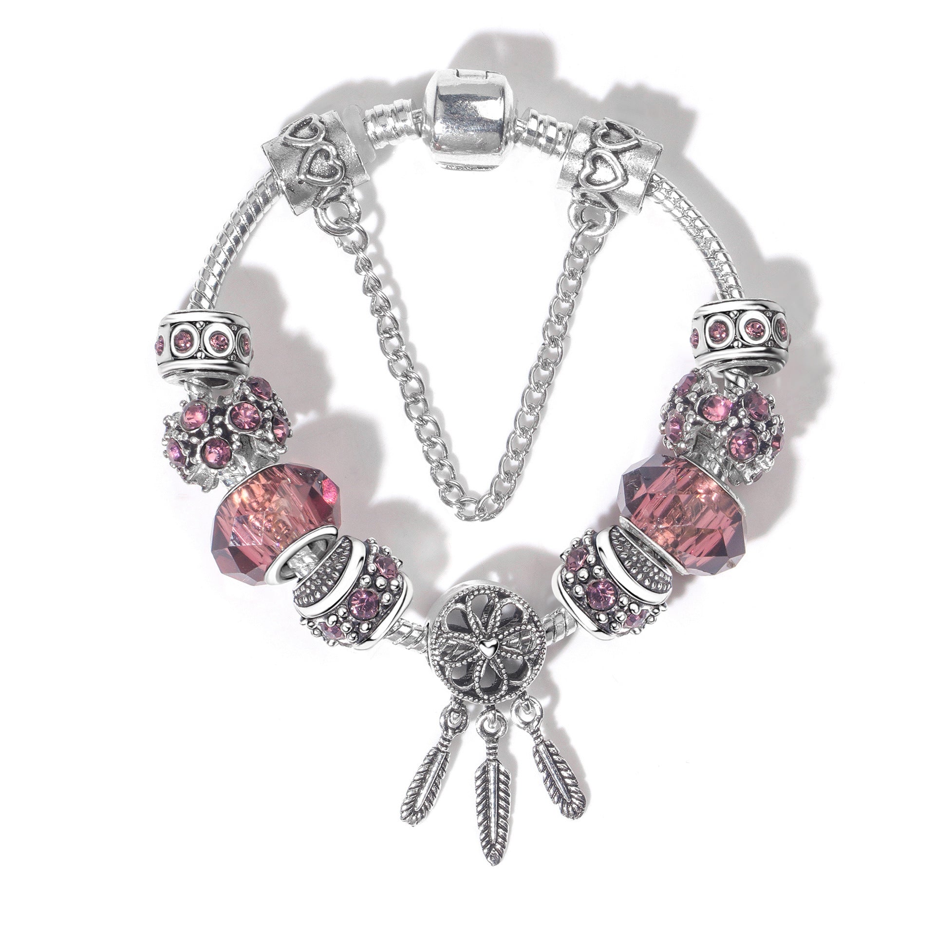 Rose Red Rhinestone Big Hole Beaded Bracelet, Alloy Electroplated(18cm)