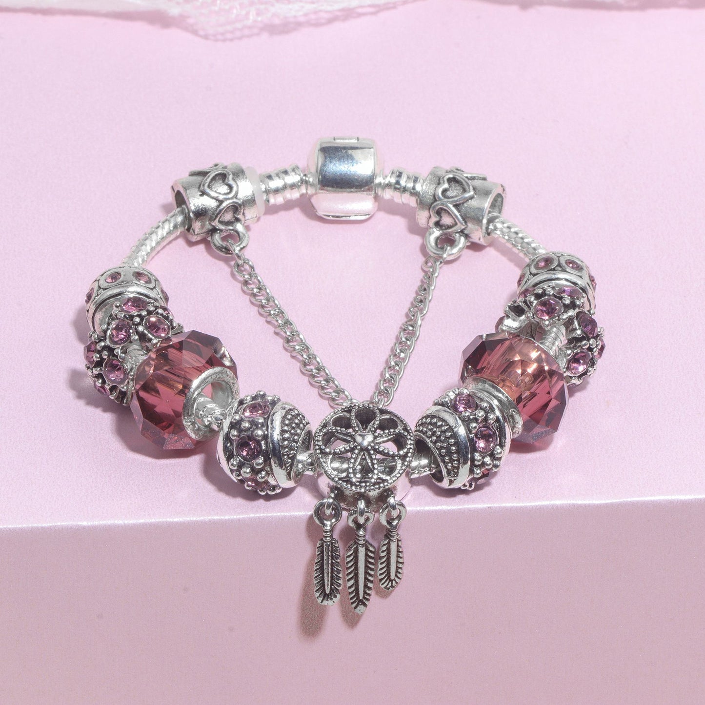 Rose Red Rhinestone Big Hole Beaded Bracelet, Alloy Electroplated(18cm) - Image 6