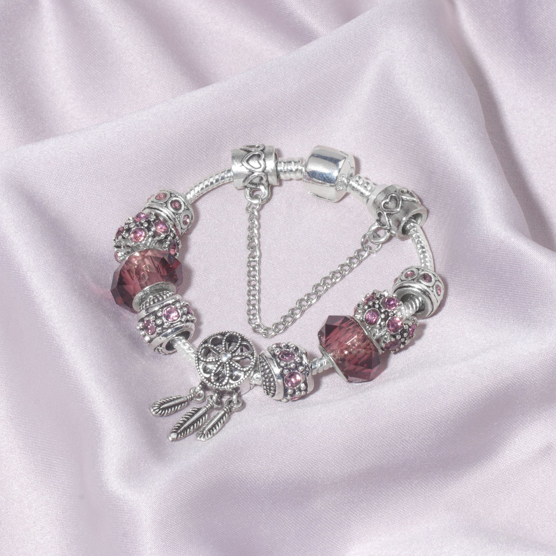 Rose Red Rhinestone Big Hole Beaded Bracelet, Alloy Electroplated(18cm) - Image 7