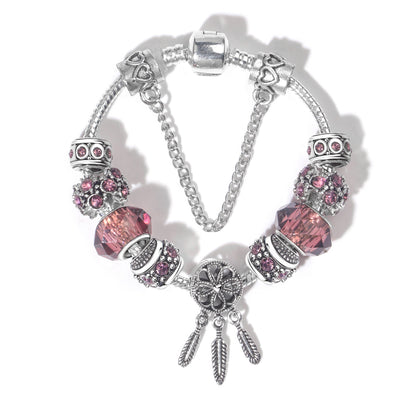 Rose Red Rhinestone Big Hole Beaded Bracelet, Alloy Electroplated(19cm)