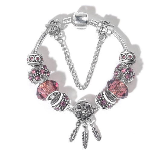 Rose Red Rhinestone Big Hole Beaded Bracelet, Alloy Electroplated(19cm)