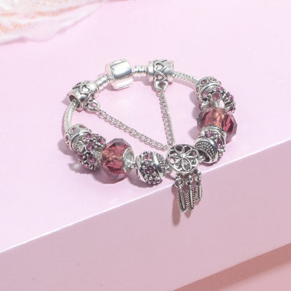 Rose Red Rhinestone Big Hole Beaded Bracelet, Alloy Electroplated(19cm) - Image 3