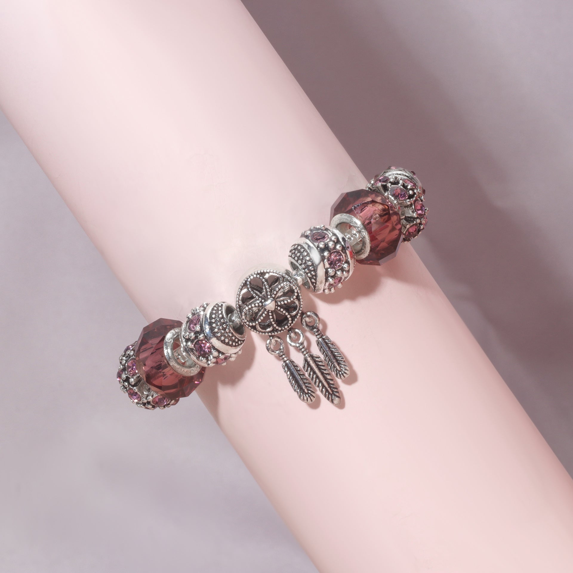Rose Red Rhinestone Big Hole Beaded Bracelet, Alloy Electroplated(19cm) - Image 4