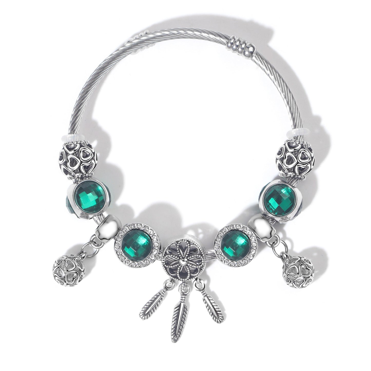 Luxury Light Green Emerald Crystal Hollow Heart Beaded DIY Bracelet(18cm)