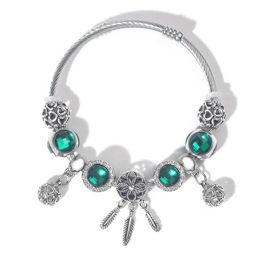 Luxury Light Green Emerald Crystal Hollow Heart Beaded DIY Bracelet(18cm)