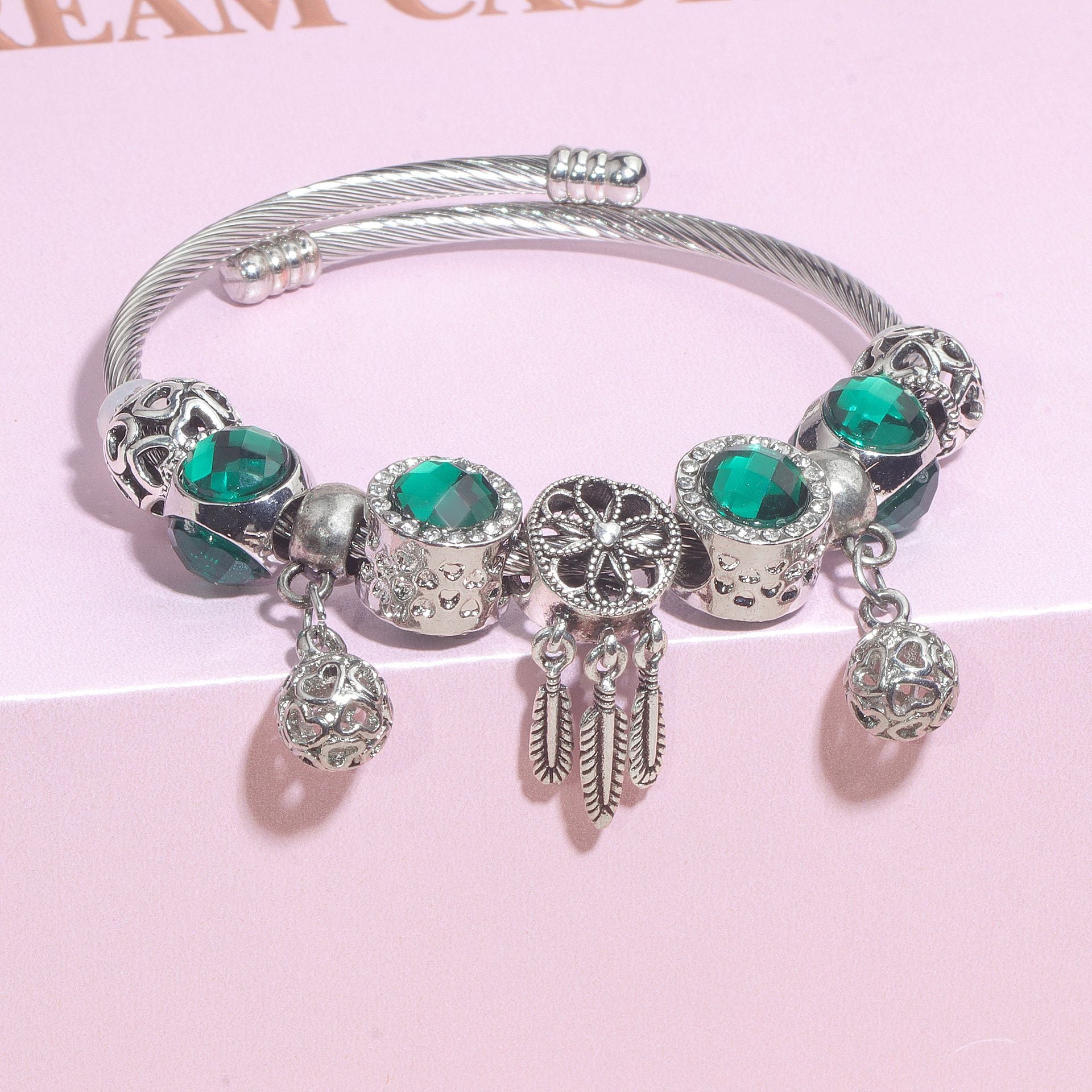 Luxury Light Green Emerald Crystal Hollow Heart Beaded DIY Bracelet(18cm) - Image 5