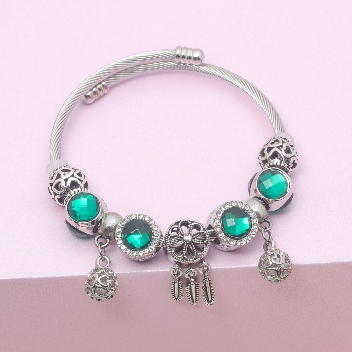 Luxury Light Green Emerald Crystal Hollow Heart Beaded DIY Bracelet(18cm) - Image 6