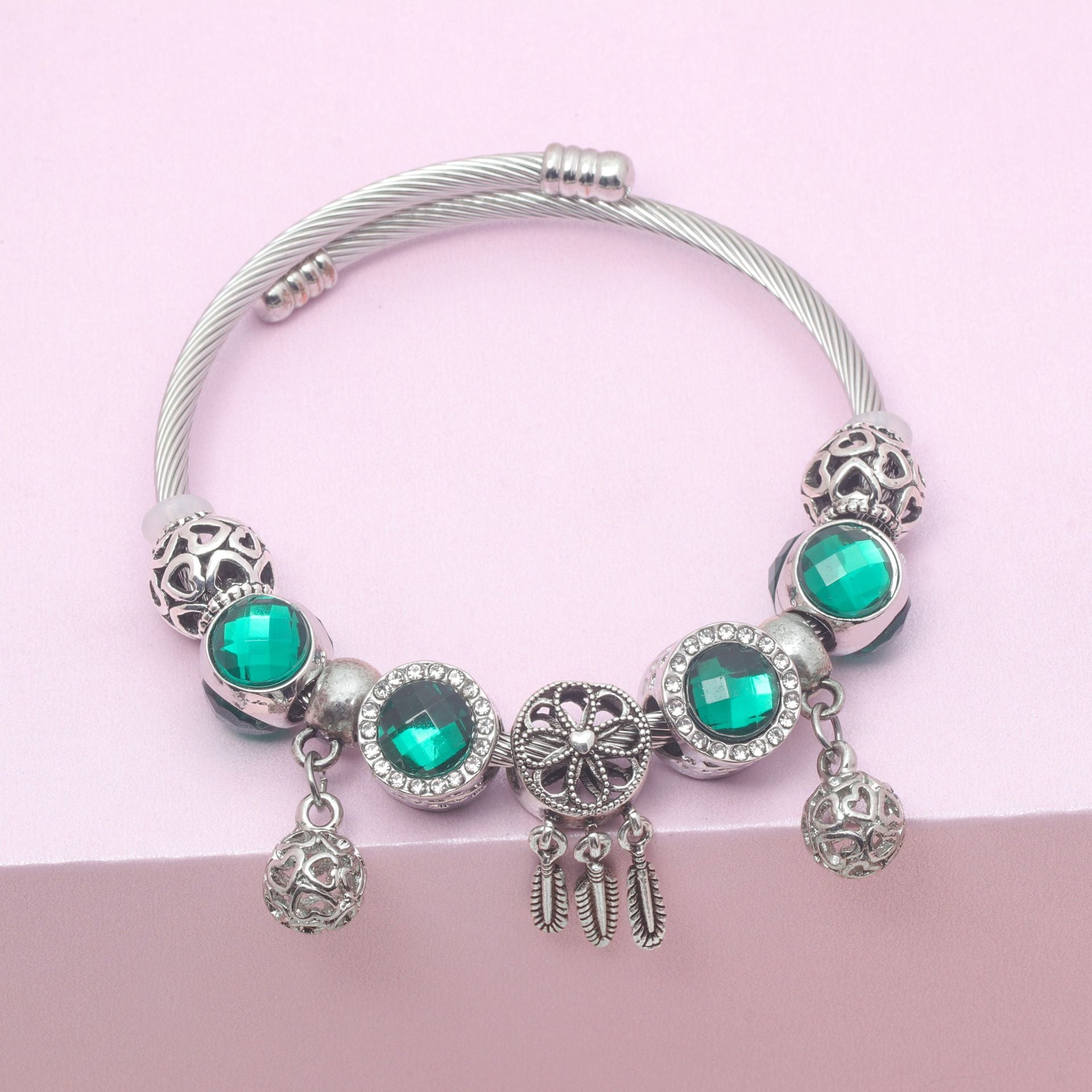 Luxury Light Green Emerald Crystal Hollow Heart Beaded DIY Bracelet(18cm) - Image 6