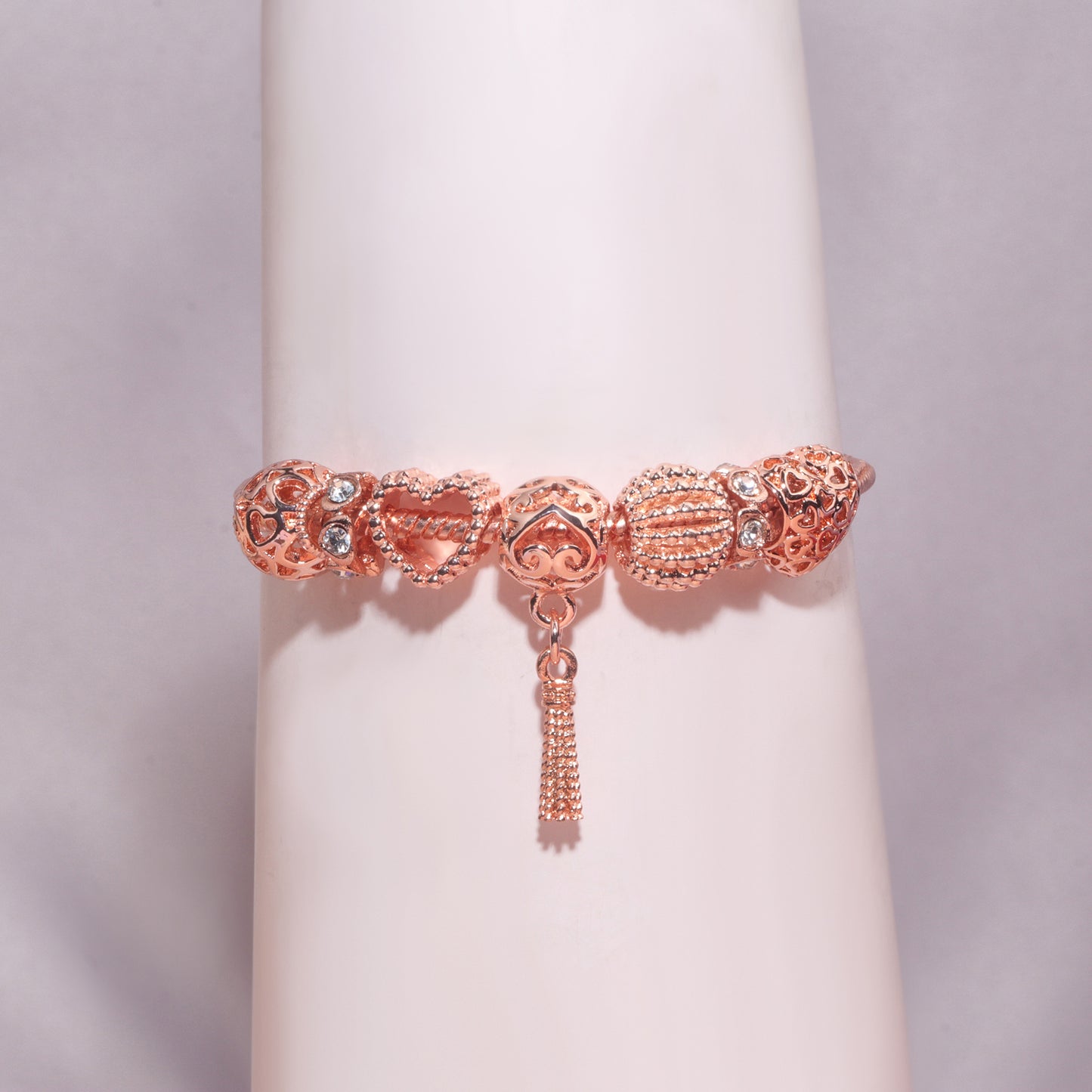 Rose Gold Hollow Carved Heart Bead Tassel Bracelet(16cm) - Image 6