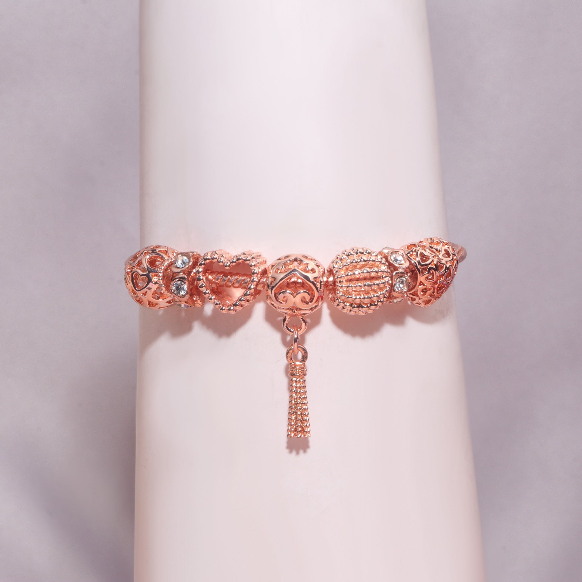 Rose Gold Hollow Carved Heart Bead Tassel Bracelet(16cm) - Image 6