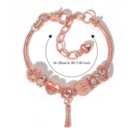 Rose Gold Hollow Carved Heart Bead Tassel Bracelet(17cm) - Image 2