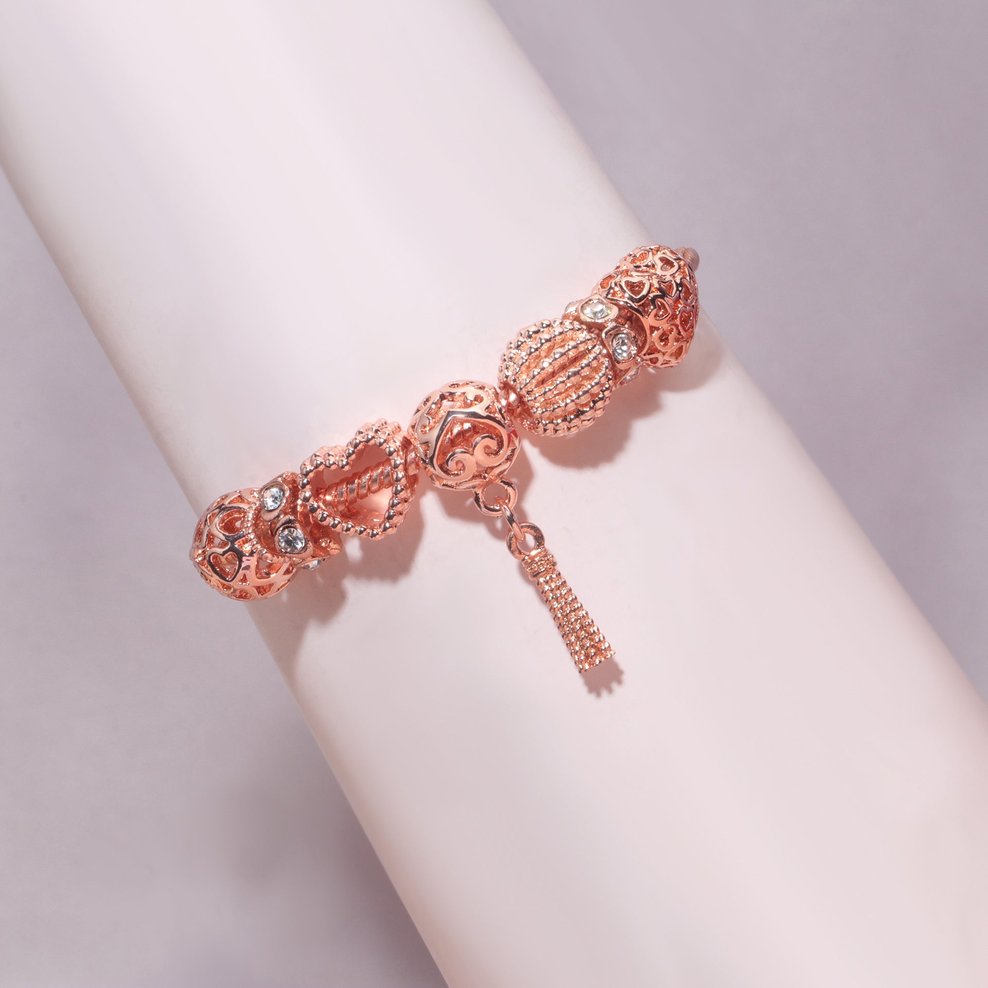 Rose Gold Hollow Carved Heart Bead Tassel Bracelet(18cm) - Image 3