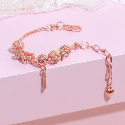 Rose Gold Hollow Carved Heart Bead Tassel Bracelet(18cm) - Image 4