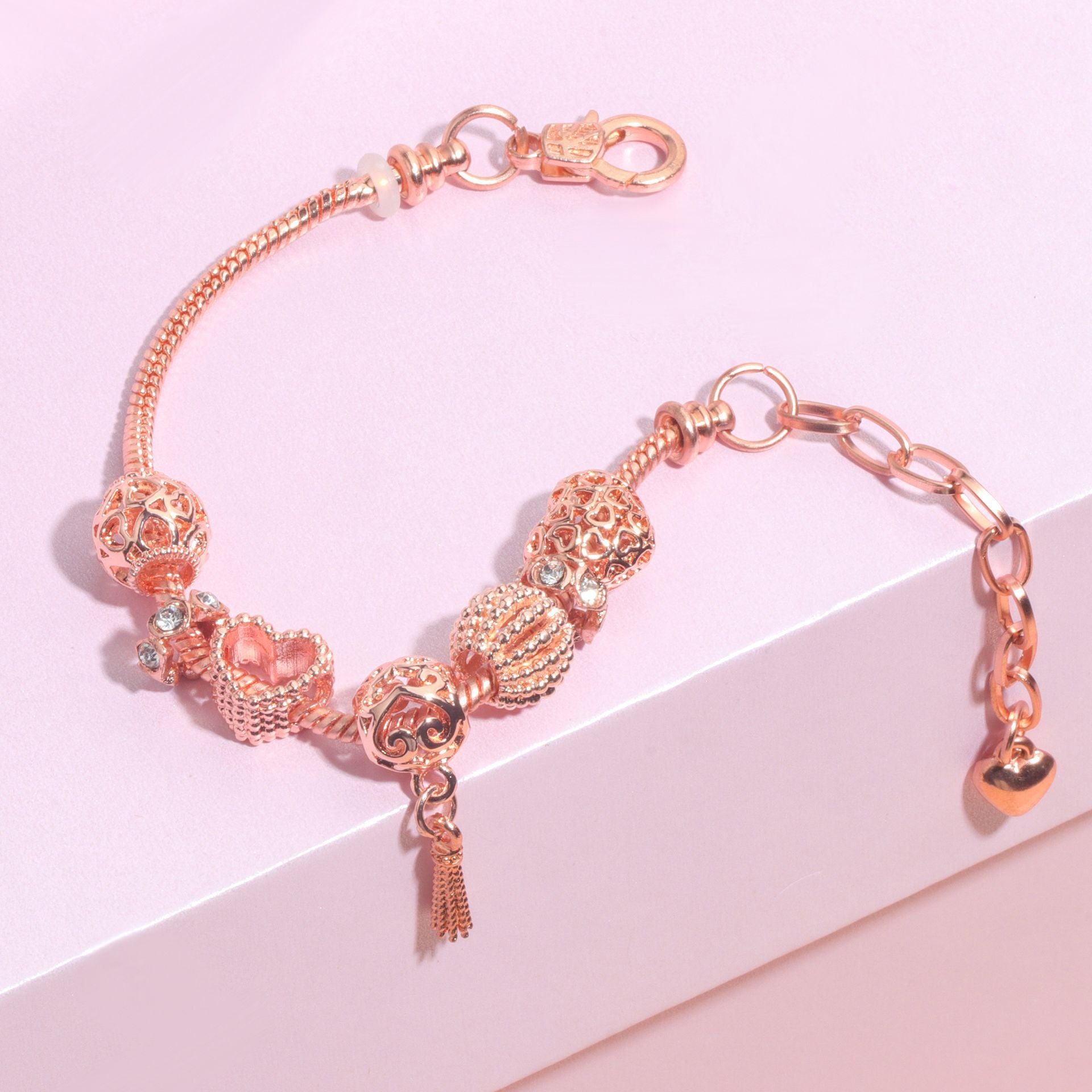 Rose Gold Hollow Carved Heart Bead Tassel Bracelet(18cm) - Image 5