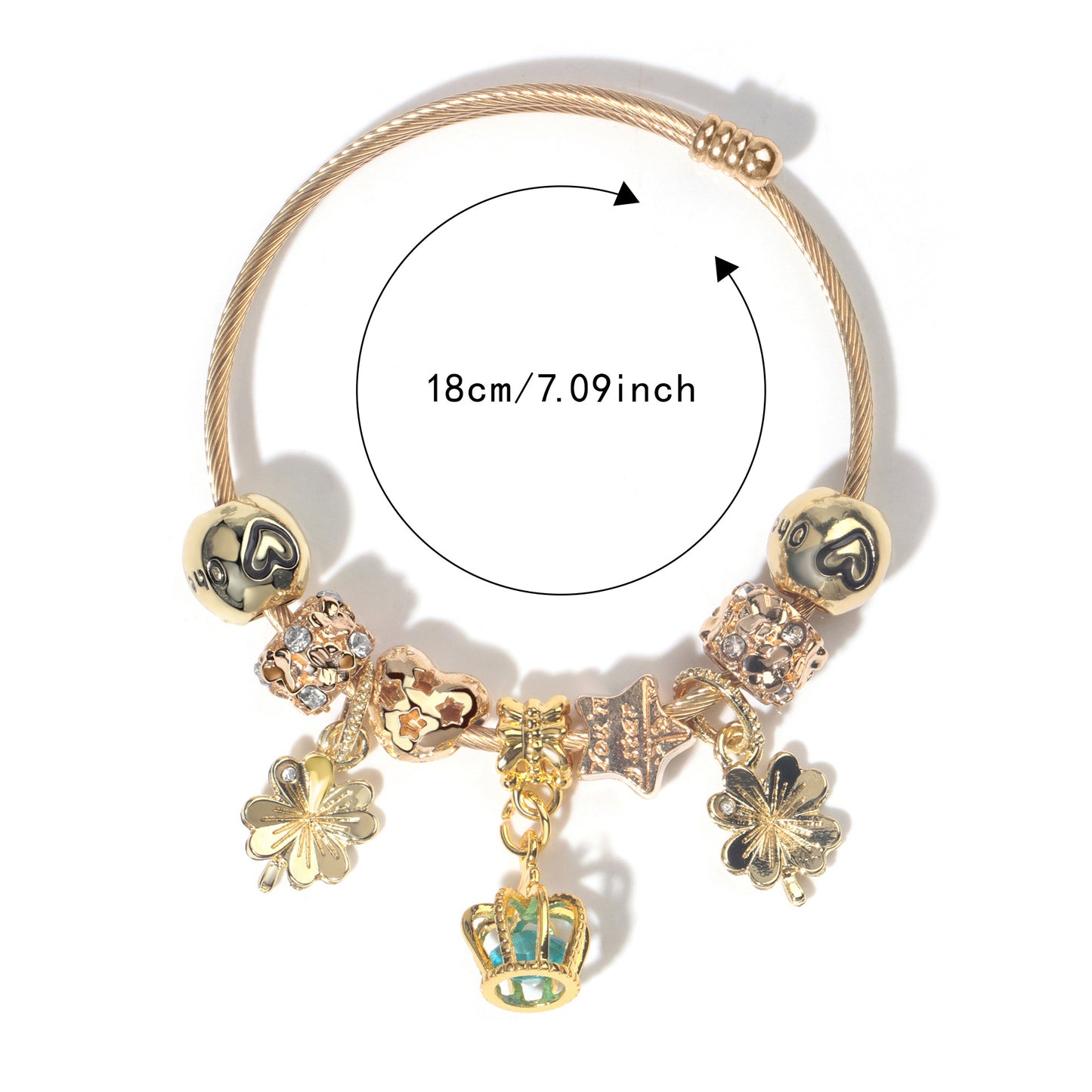 Vintage Love Flower Star Charm Beaded Crown Pendant DIY Open Bangle(18cm) - Image 2