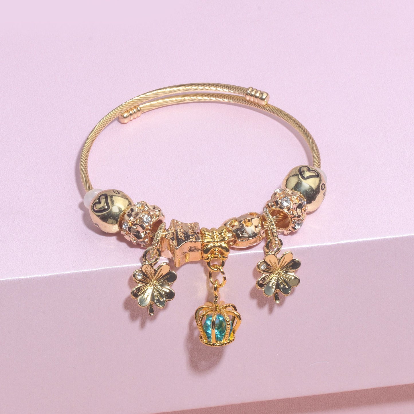Vintage Love Flower Star Charm Beaded Crown Pendant DIY Open Bangle(18cm) - Image 3