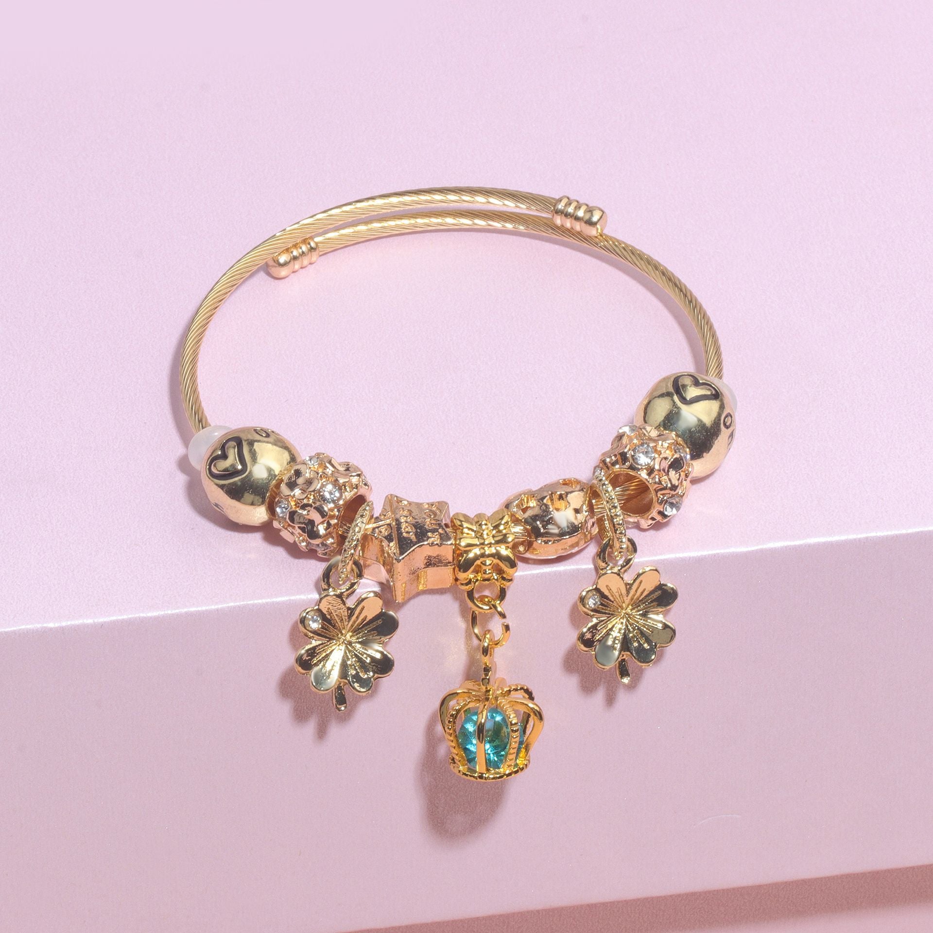Vintage Love Flower Star Charm Beaded Crown Pendant DIY Open Bangle(18cm) - Image 3