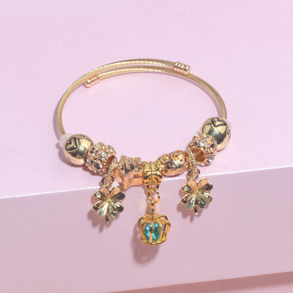 Vintage Love Flower Star Charm Beaded Crown Pendant DIY Open Bangle(18cm) - Image 3