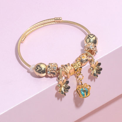 Vintage Love Flower Star Charm Beaded Crown Pendant DIY Open Bangle(18cm) - Image 4
