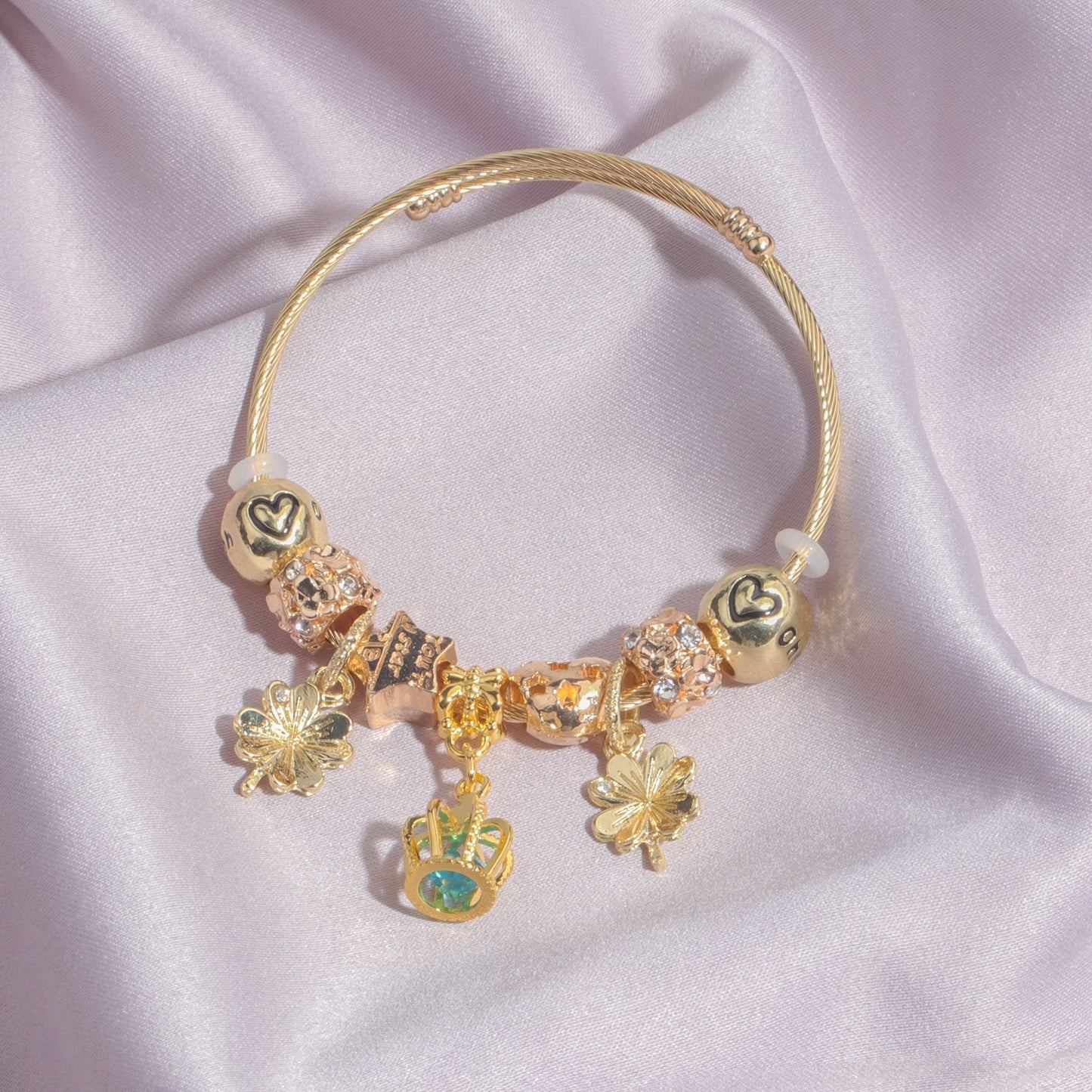 Vintage Love Flower Star Charm Beaded Crown Pendant DIY Open Bangle(18cm) - Image 6