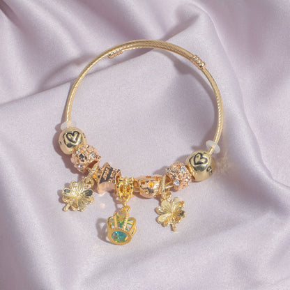 Vintage Love Flower Star Charm Beaded Crown Pendant DIY Open Bangle(18cm) - Image 6