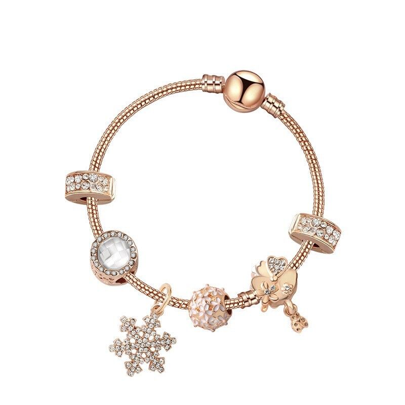 Rose Gold Charm Bracelet with Crystal Snowflake, Flower & Heart Pendants – Sparkling Zircon Beaded(20cm)