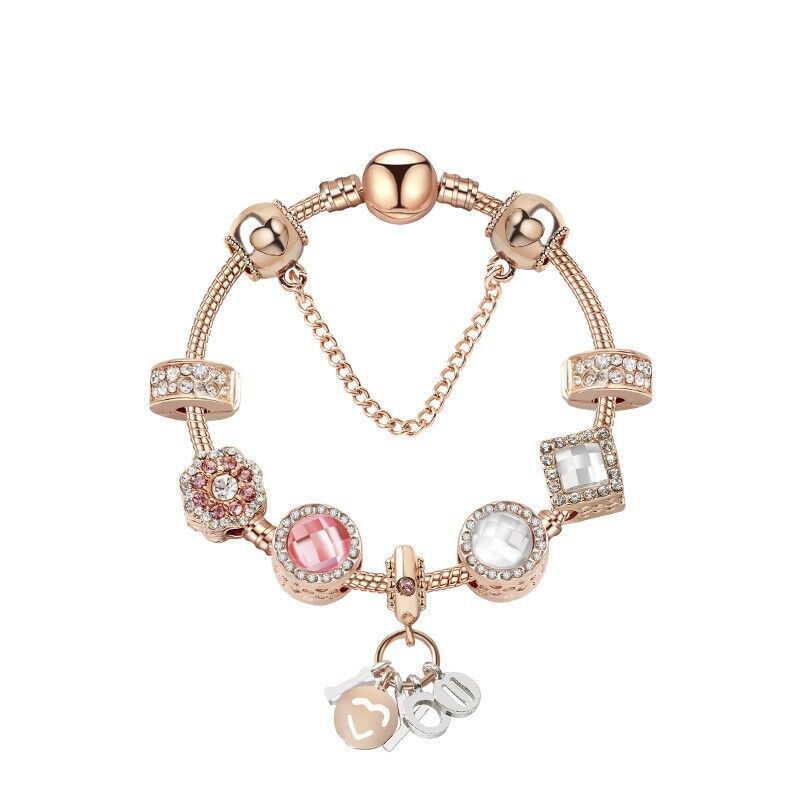 Rose Gold Charm Bracelet with Zircon, Flower & Letter Pendants, Colorful Beads(21cm)