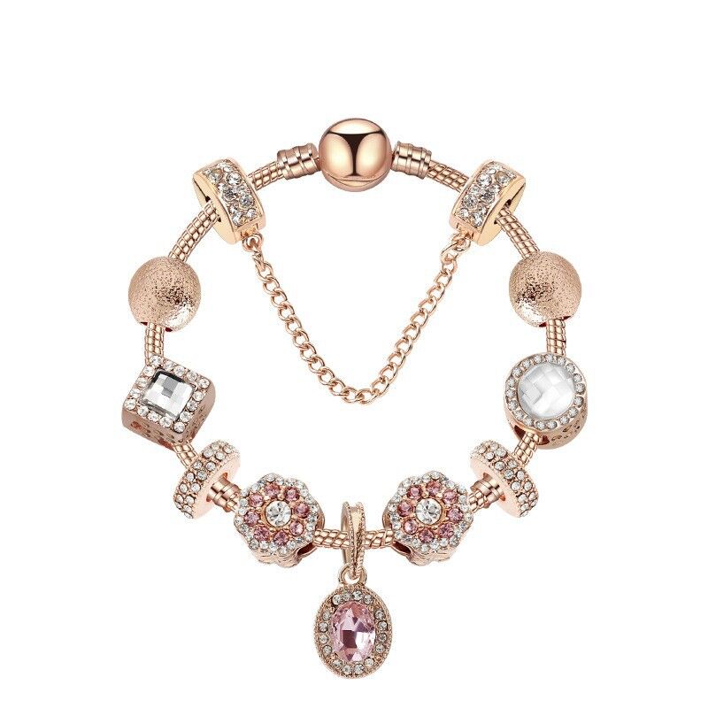 Vintage Gold Bracelet with Crystal, Zircon & Floral Beads, Oval Zircon Pendant(19cm)