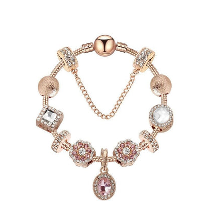 Vintage Gold Bracelet with Crystal, Zircon & Floral Beads, Oval Zircon Pendant(19cm)