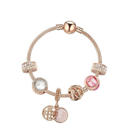 Glamorous Gold Bracelet with Rhinestones, Colorful Cubic Zirconia, Hollow Beads & Double-Disc Pendant(17cm)
