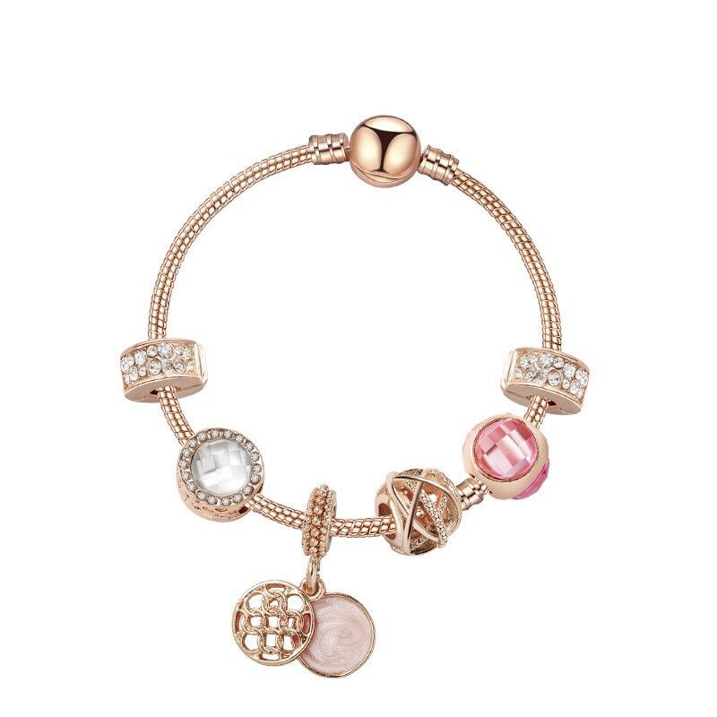 Glamorous Gold Bracelet with Rhinestones, Colorful Cubic Zirconia, Hollow Beads & Double-Disc Pendant(20cm)