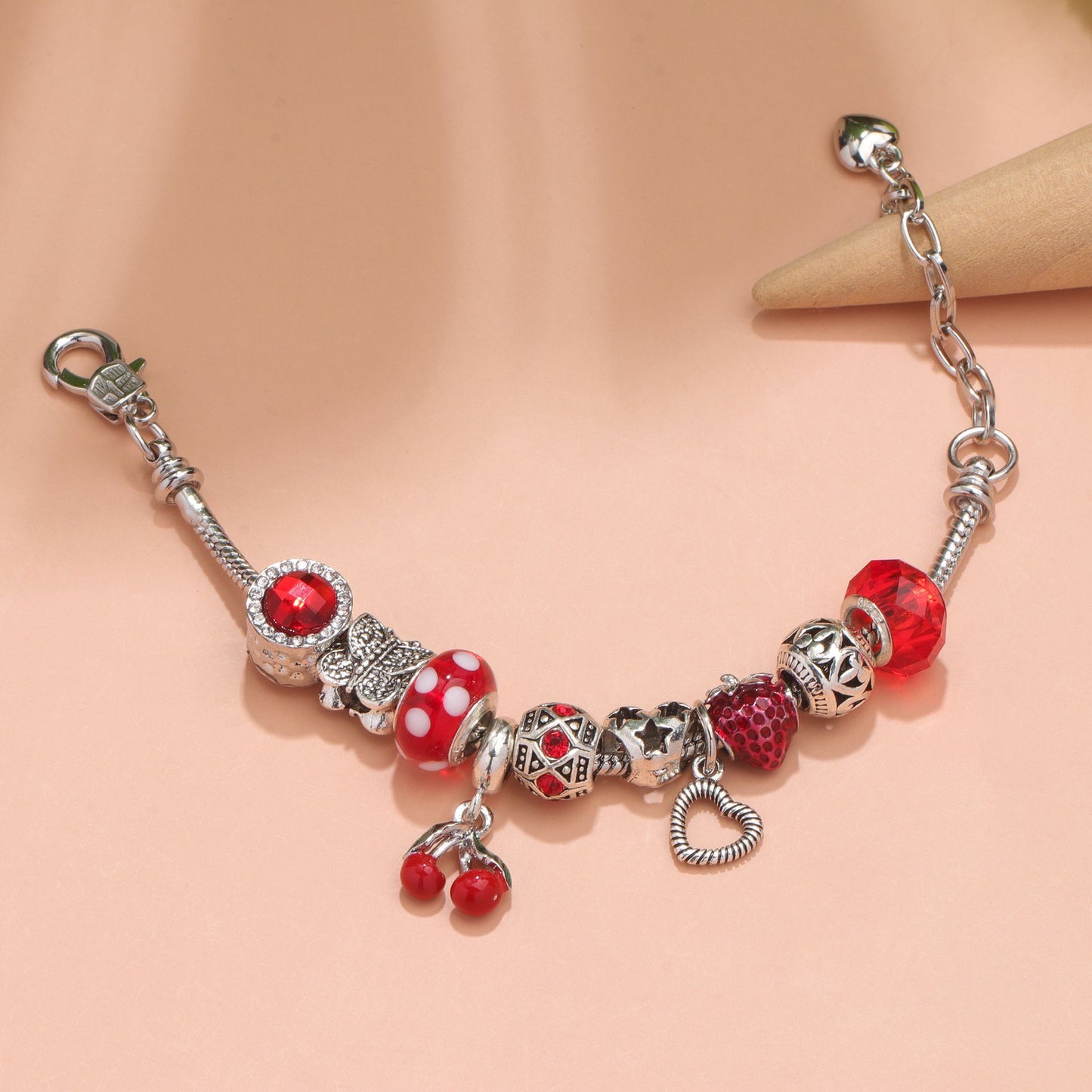 Charm Bracelet with Butterfly & Crystal Heart, Zinc Alloy(red,16cm) - Image 2