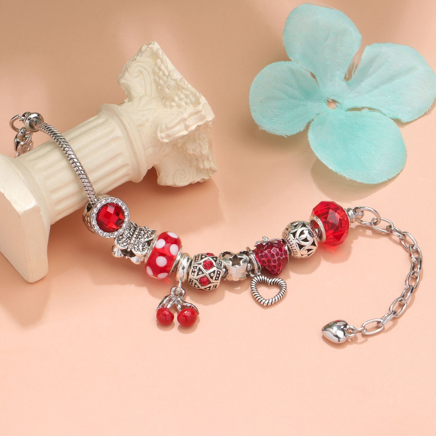 Charm Bracelet with Tortoise, Heart, Clover Pendant(red,20cm) - Image 3