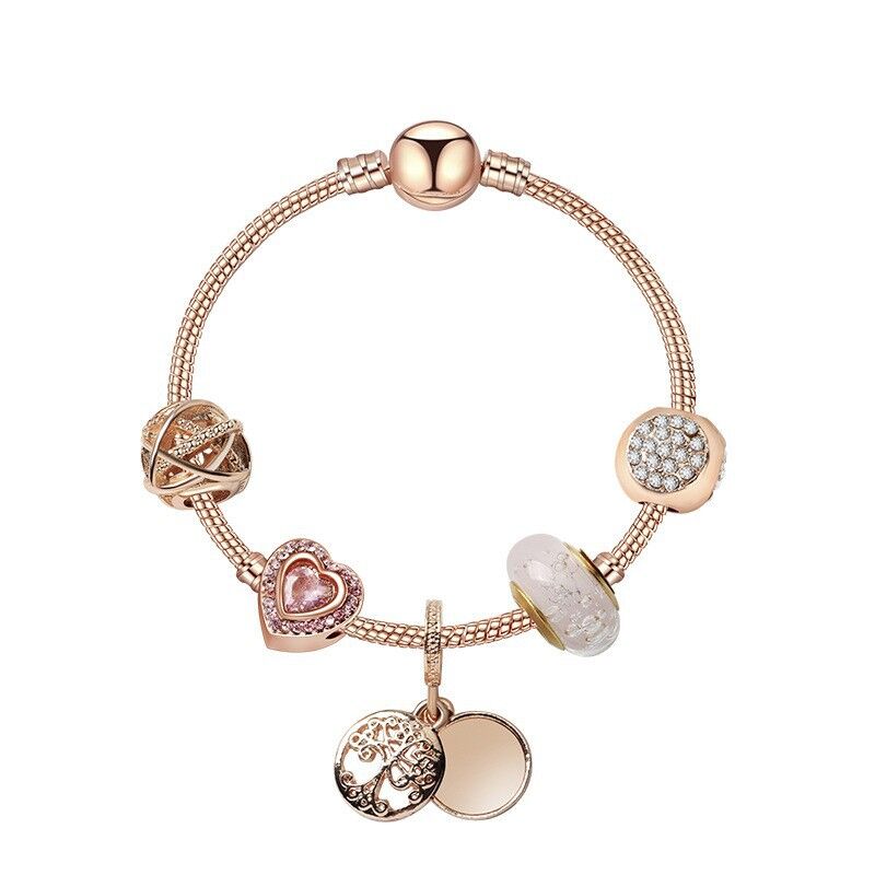 Glamorous Rose Gold Bracelet with Zircon, Glass Beads & Double Disc Pendant(18cm)