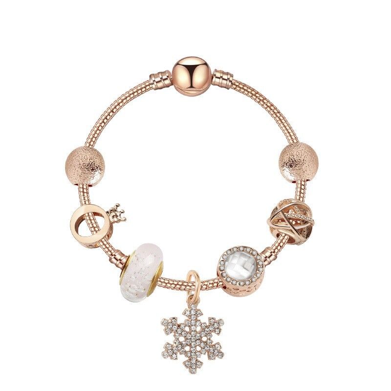 Rose Gold Snowflake Pendant Bracelet with Crystal Zircon, Crown & Glass Charms – Glamorous Sweet-Style Alloy Bracelet(19cm)