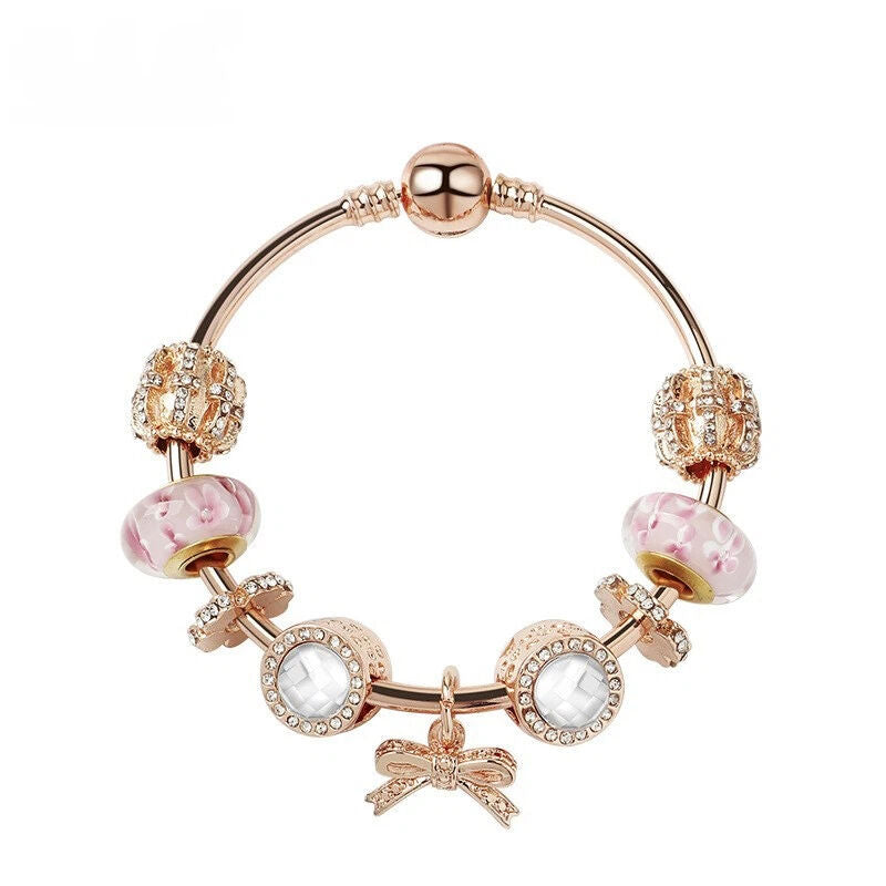 Glamorous Golden Bracelet with Rhinestone Glass, Zircon, Hollow Beads & Bow Pendant(18cm)