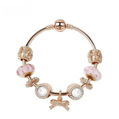 Glamorous Golden Bracelet with Rhinestone Glass, Zircon, Hollow Beads & Bow Pendant(20cm)