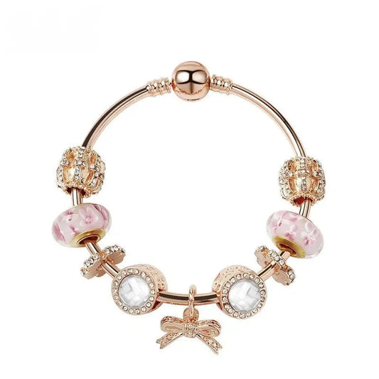 Glamorous Golden Bracelet with Rhinestone Glass, Zircon, Hollow Beads & Bow Pendant(21cm)