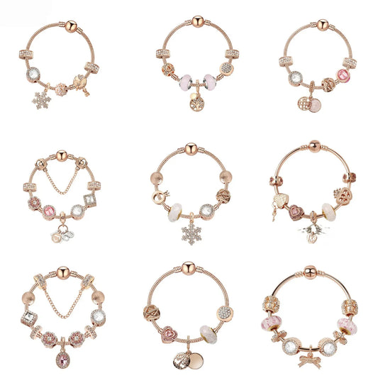 Glamorous Gold Bracelet with Glass, Zircon, Heart & Crown Charms, “FAMILY” Word Pendant(18cm) - Image 2