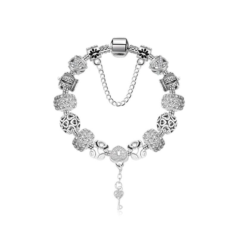 Stunning Rhinestone Charm Bracelet: Hollow Heart Beads + Crown Charms + Happy Key-Lock Pendant | Silver(20cm)