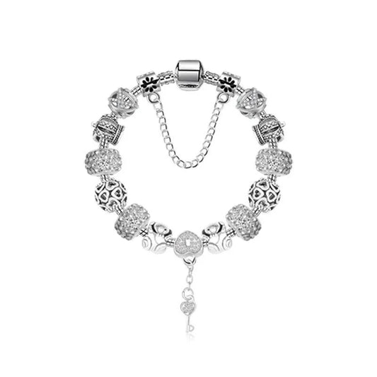 Stunning Rhinestone Charm Bracelet: Hollow Heart Beads + Crown Charms + Happy Key-Lock Pendant | Silver(21cm)