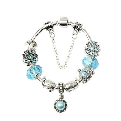 Blue Fashion Bracelet: Alloy Base with Rhinestones, Colored Glaze Beads & Resin Pendant(21cm)