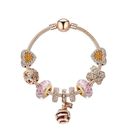Gold Snake Pendant Bracelet: Rhinestone Resin, Zircon Butterfly & Beads(17cm)