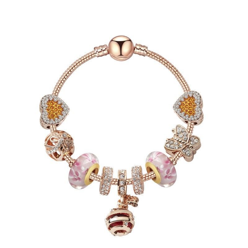 Gold Snake Pendant Bracelet: Rhinestone Resin, Zircon Butterfly & Beads(21cm)