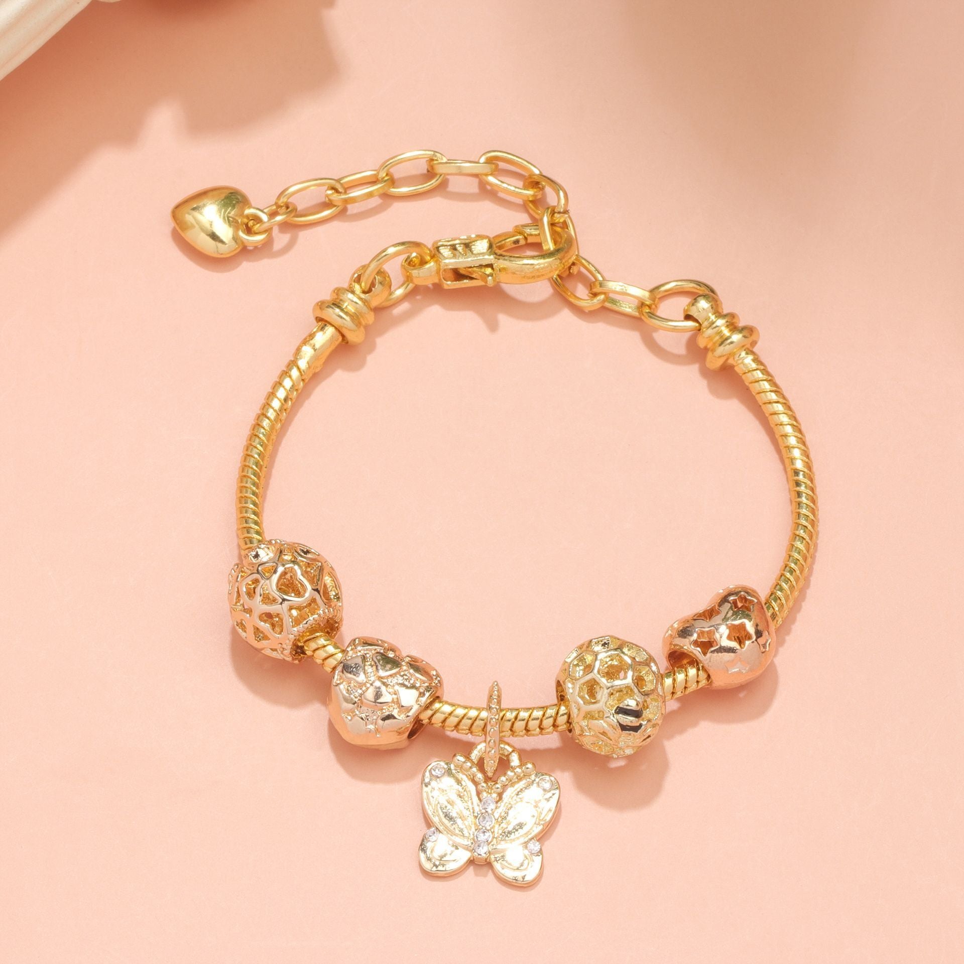 Hollow Beads Butterfly Heart Charm Bracele(yellow,16cm)