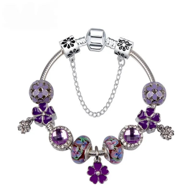 Purple Four Leaf Clover Pendant Bracelet – Sparkling Zircon Resin Glass Beads(18cm)