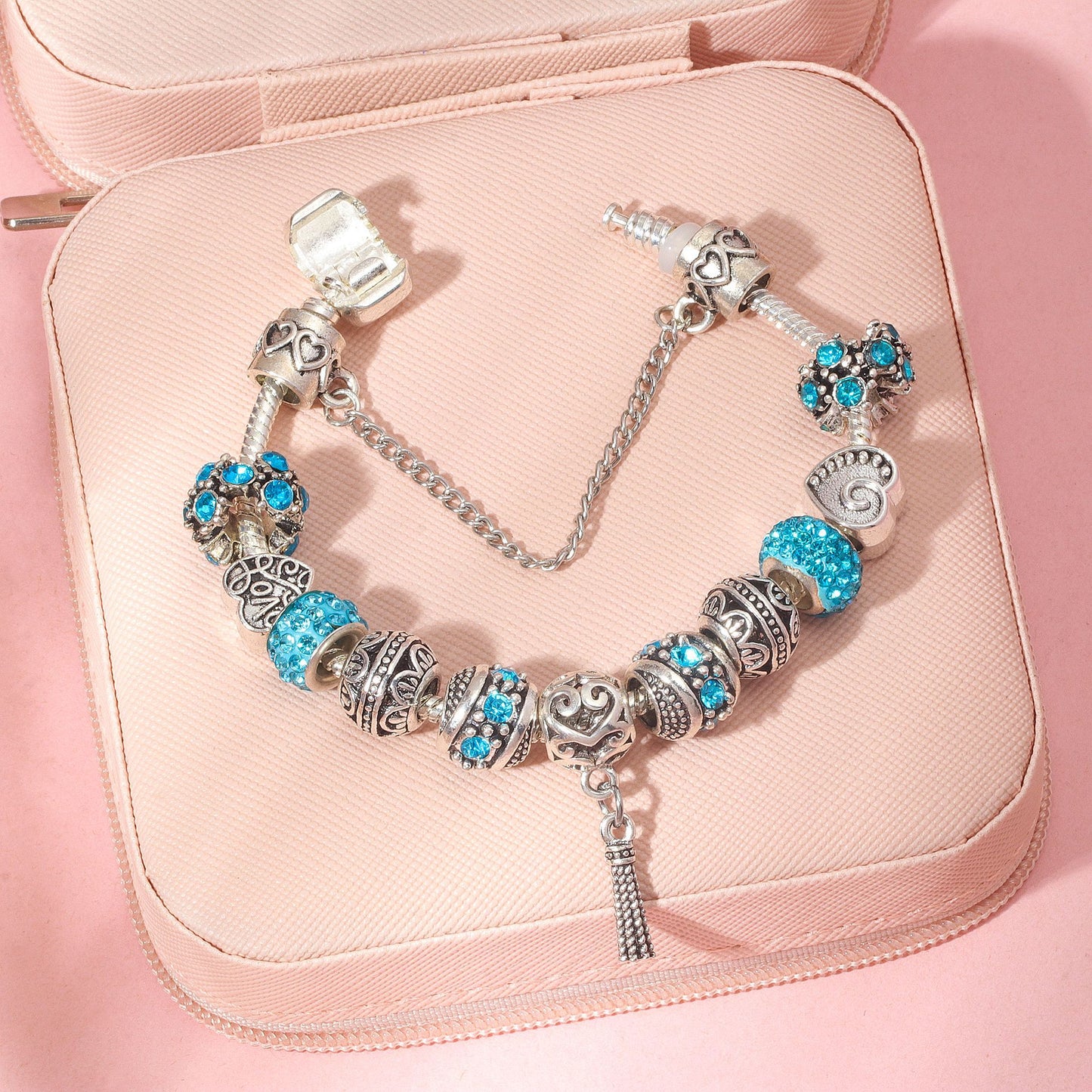 Women’s Vintage Silver-Plated Charm Bracelet - Crystal-Embedded Hollow Carved Multi-Bead Fashion Jewelry(blue-17cm) - Image 2