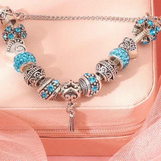 Women’s Vintage Silver-Plated Charm Bracelet - Crystal-Embedded Hollow Carved Multi-Bead Fashion Jewelry(blue-17cm) - Image 4